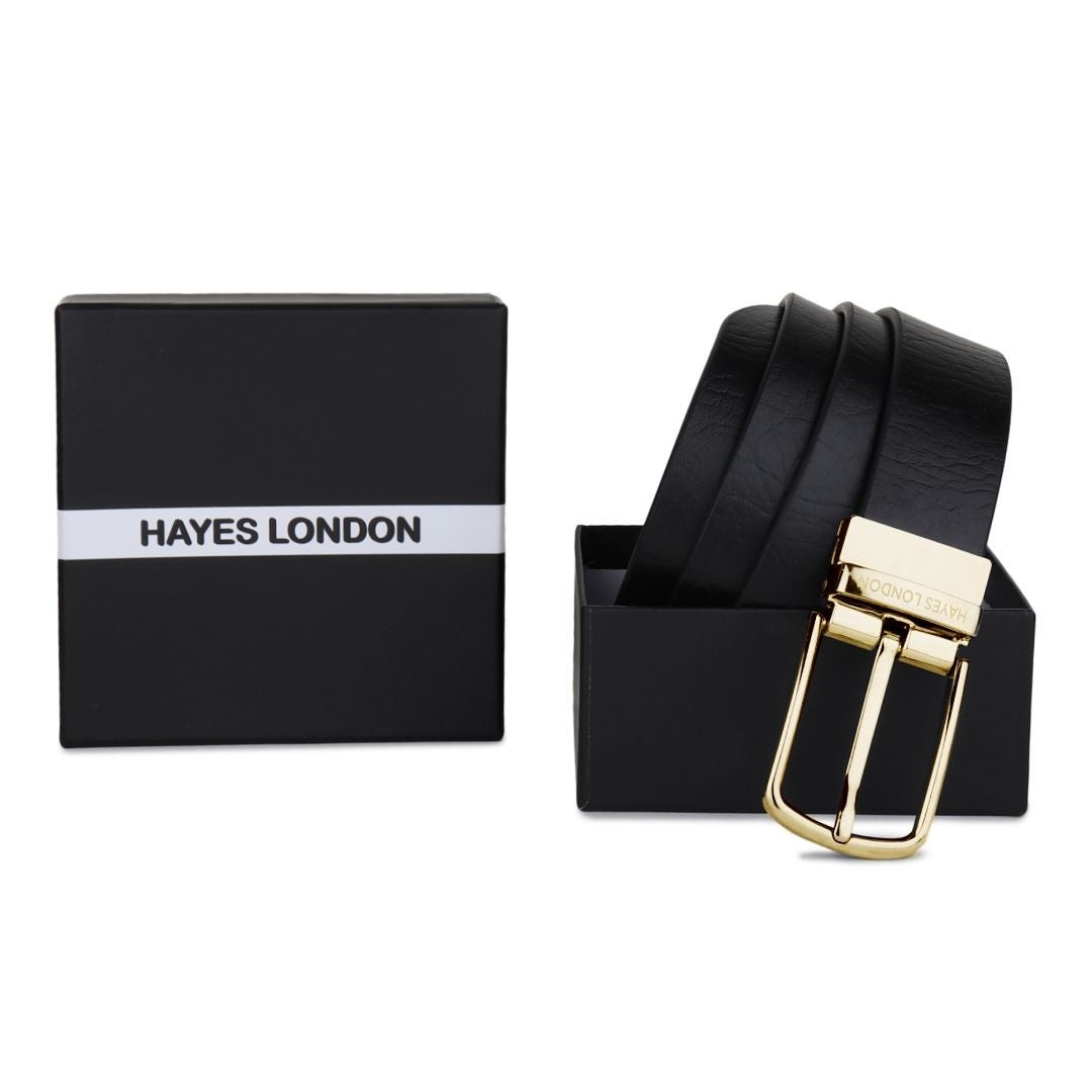 Hayes London | Reversible Black & Brown Genuine Leather Men's Belt (Leather Texture: Wild & Buckle Color: Gold)