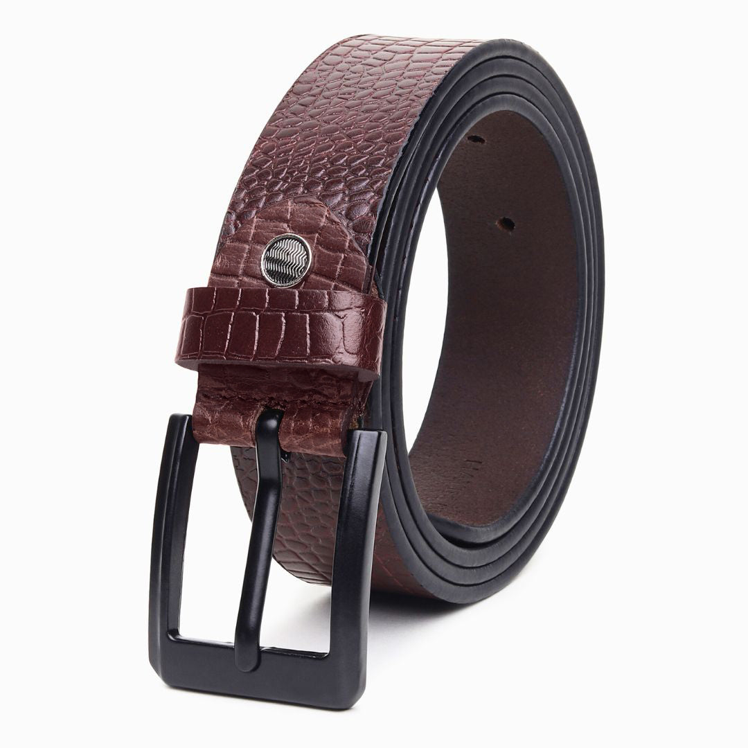 Hayes London | Brown Croco Pattern Genuine Leather Men's Belt (Leather Texture: Croco Pattern & Buckle Color: Black)