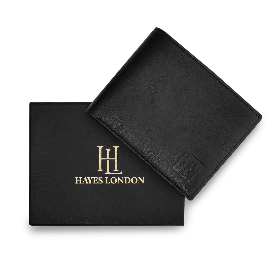 Hayes London | Stud Black Genuine Leather Wallet for Men - RFID Blocking, Slim Bifold Wallet with 8 Compartments