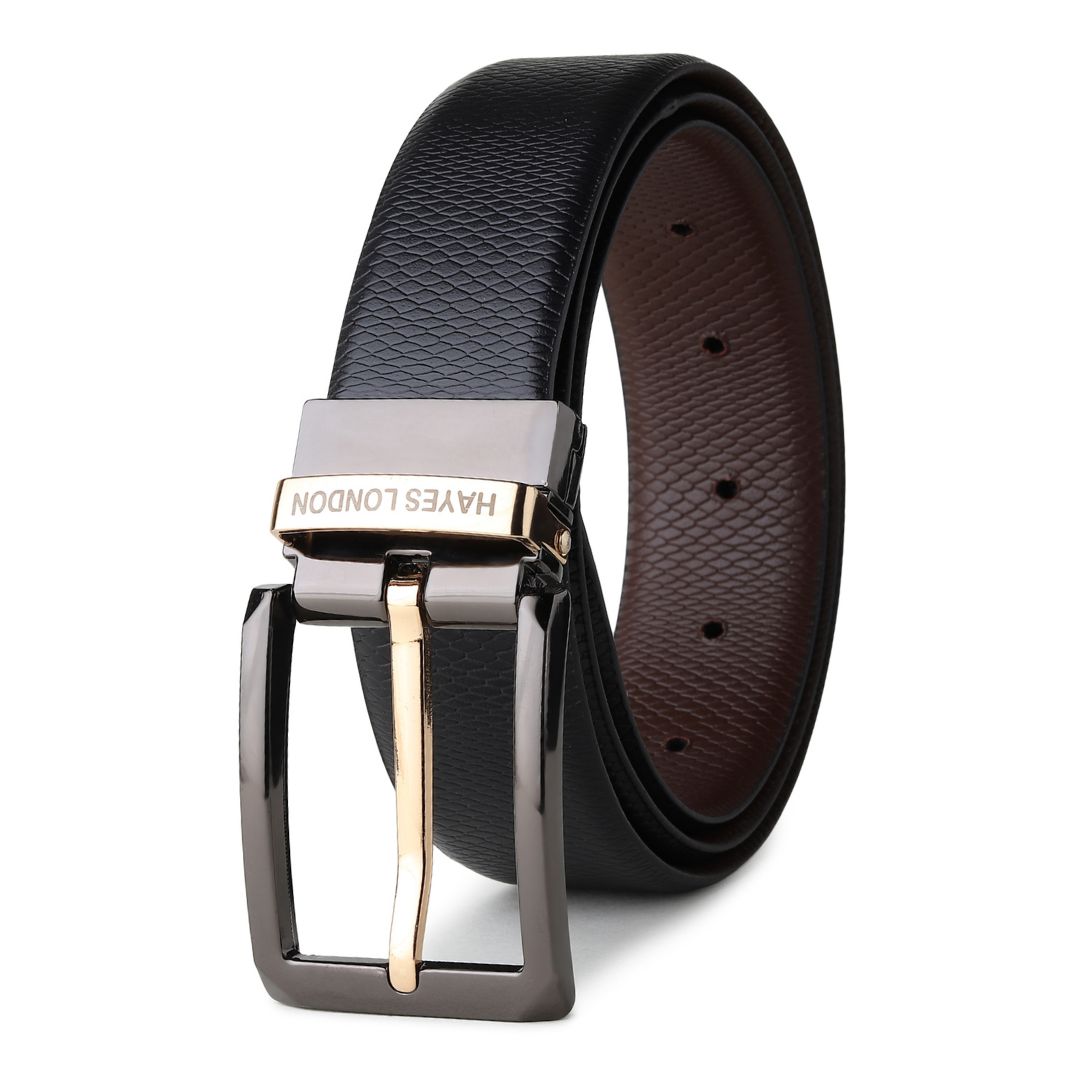 Hayes London | Italian Leather Reversible Black & Brown Belt For Men (Leather Texture: Viper & Buckle Color: Black & Gold)