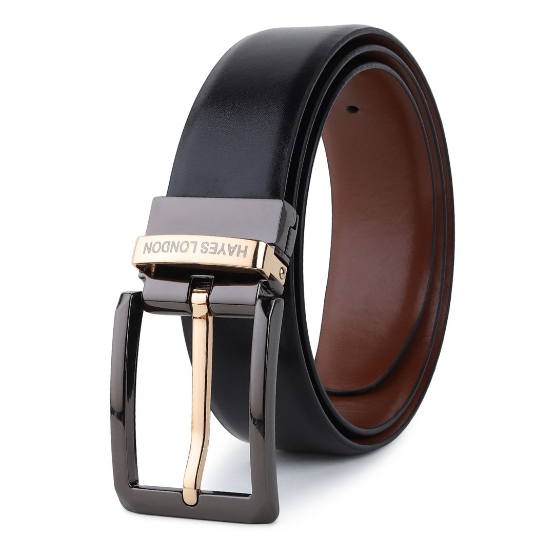 Hayes London | Italian Leather Reversible Black & Brown Belt For Men (Leather Texture: Plain & Buckle Color: Black & Gold)