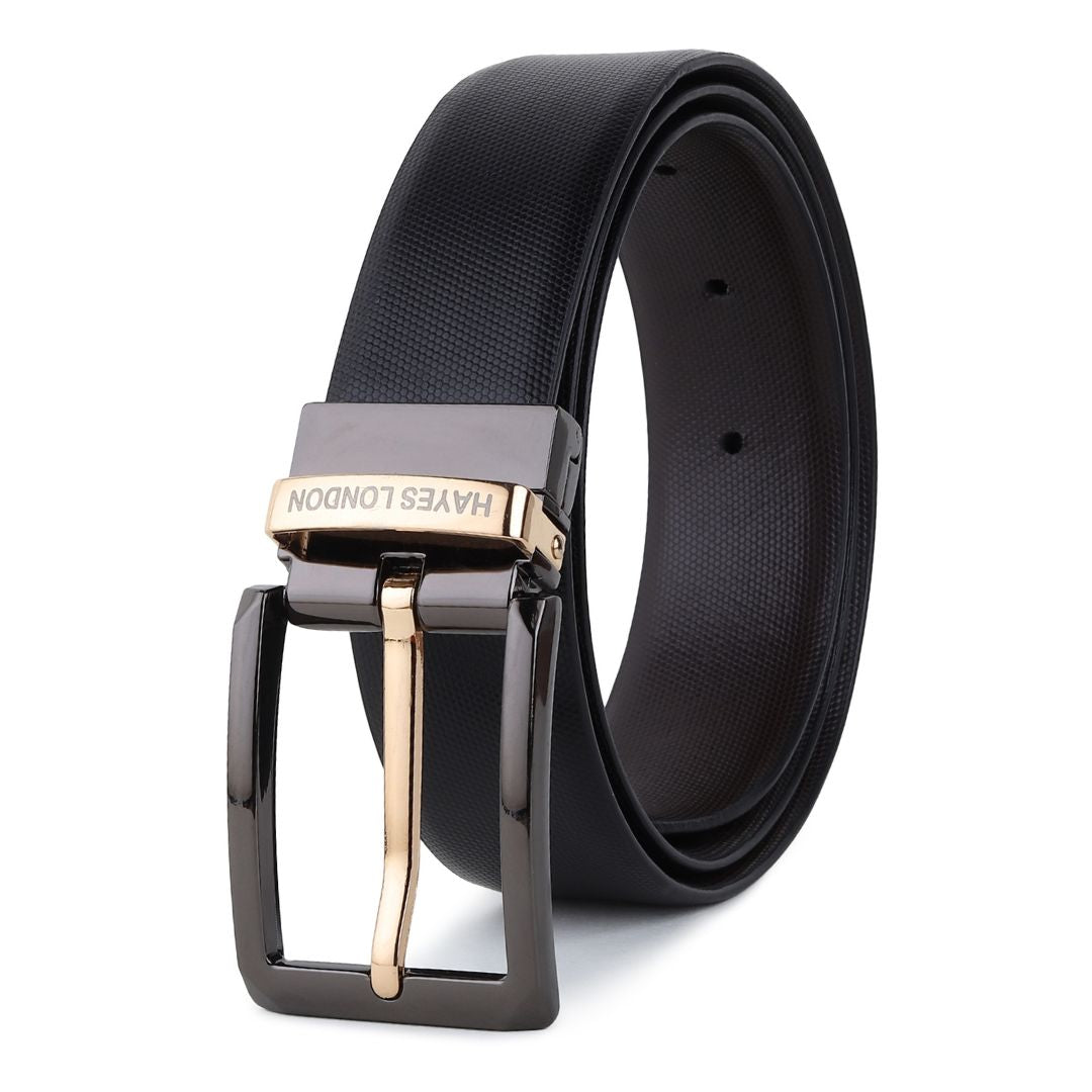 Hayes London | Italian Leather Reversible Black & Brown Belt For Men (Leather Texture: Braided & Buckle Color: Black & Gold))