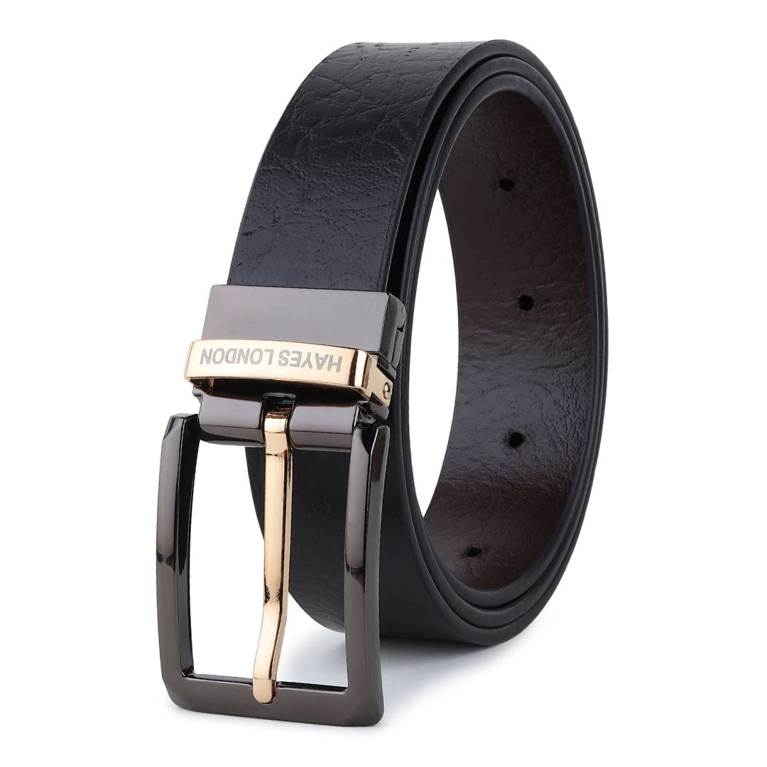 Hayes London | Leather Reversible Black & Brown Belt For Men (Leather Texture: Wild & Buckle Color: Black & Gold)