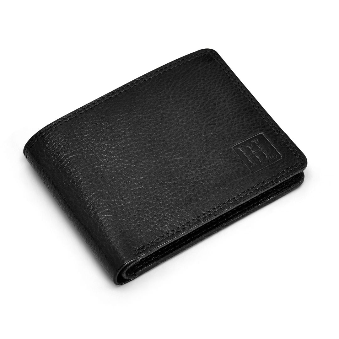 Hayes London | Signature Black Genuine Leather Textured Wallet for Men - RFID Blocking, Slim Bifold Wallet with 8 Compartments