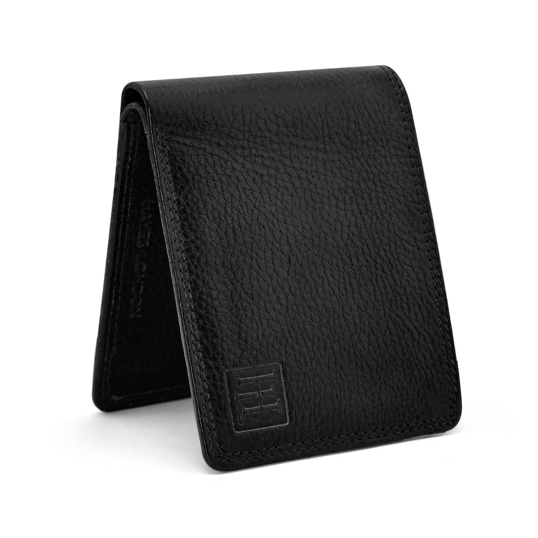 Hayes London | Signature Black Genuine Leather Textured Wallet for Men - RFID Blocking, Slim Bifold Wallet with 8 Compartments