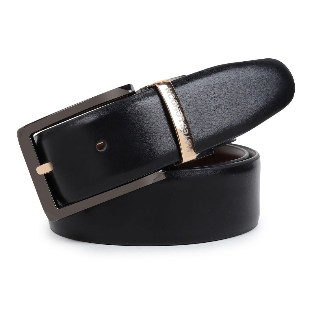 Hayes London | Italian Leather Reversible Black & Brown Belt For Men (Leather Texture: Plain & Buckle Color: Black & Gold)