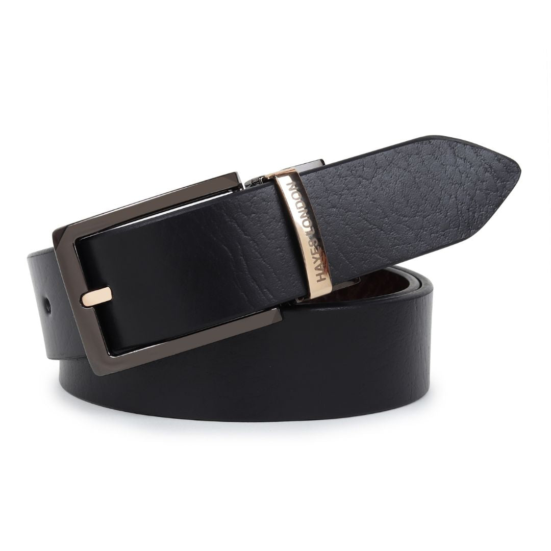 Hayes London | Leather Reversible Black & Brown Belt For Men (Leather Texture: Wild & Buckle Color: Black & Gold)