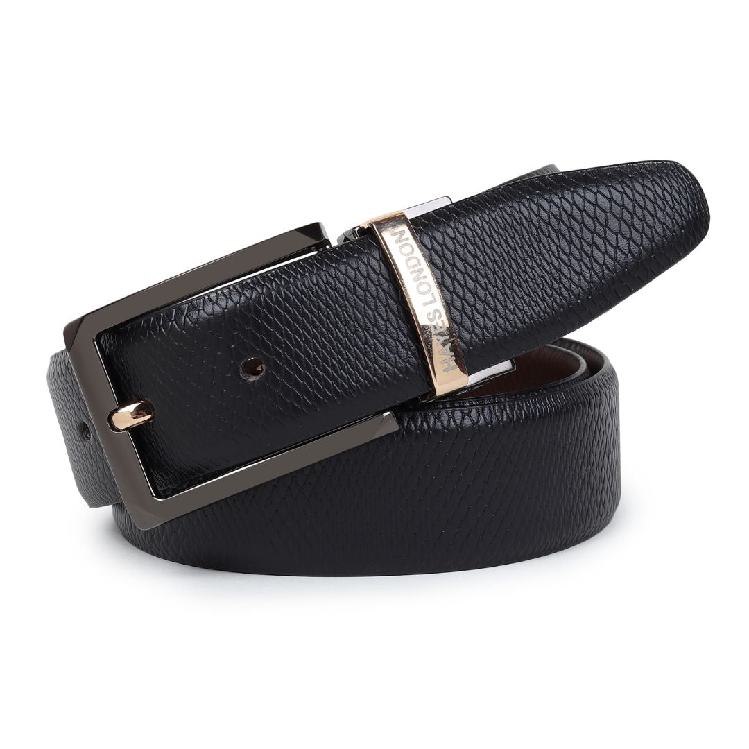 Hayes London | Italian Leather Reversible Black & Brown Belt For Men (Leather Texture: Viper & Buckle Color: Black & Gold)