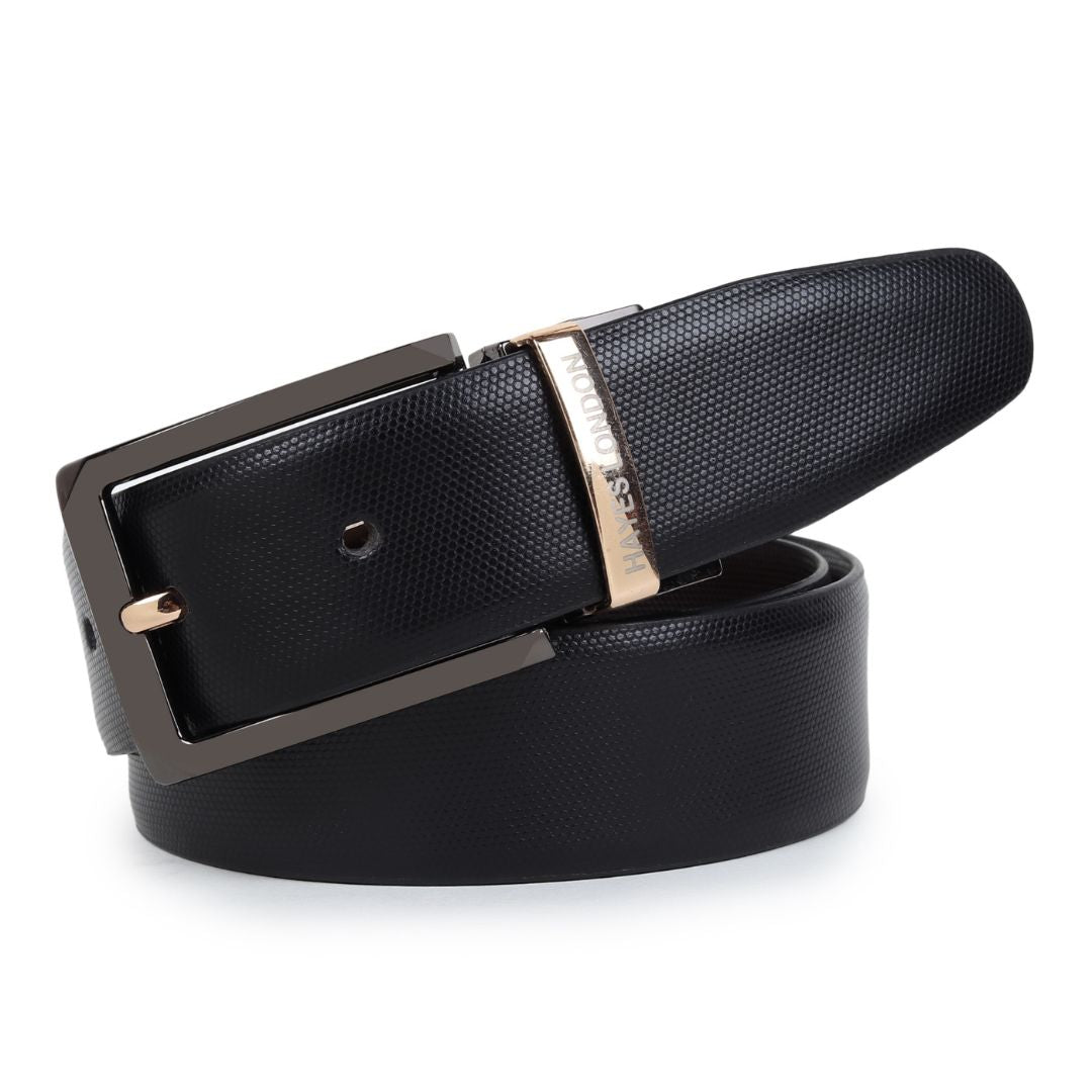 Hayes London | Italian Leather Reversible Black & Brown Belt For Men (Leather Texture: Braided & Buckle Color: Black & Gold))