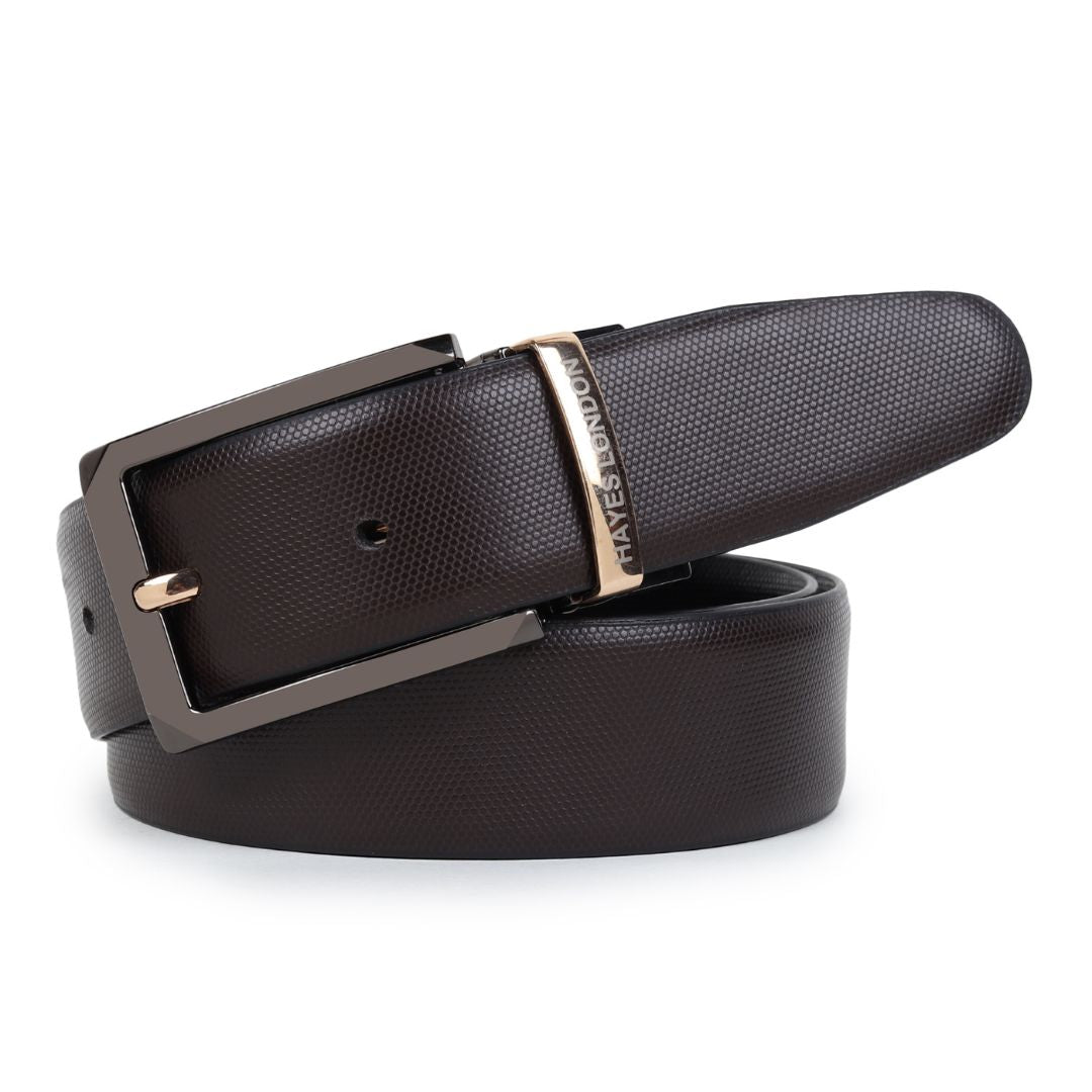 Hayes London | Italian Leather Reversible Black & Brown Belt For Men (Leather Texture: Braided & Buckle Color: Black & Gold))