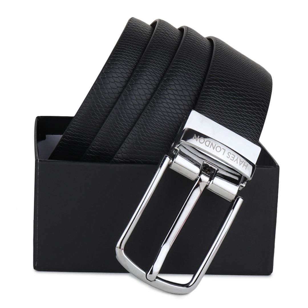 Hayes London | Reversible Black & Brown Italian Leather Men's Belt (Leather Texture: Viper & Buckle Color: Silver)