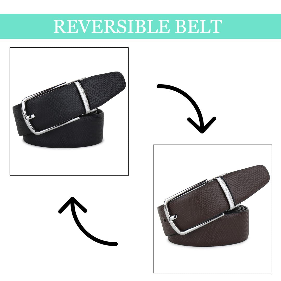 Hayes London | Reversible Black & Brown Italian Leather Men's Belt (Leather Texture: Viper & Buckle Color: Silver)