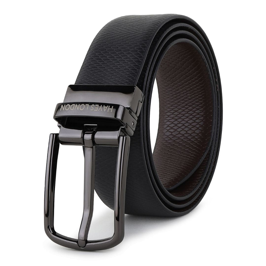 Hayes London | Reversible Black & Brown Italian Leather Men's Belt (Leather Texture: Viper & Buckle Color: Grey)