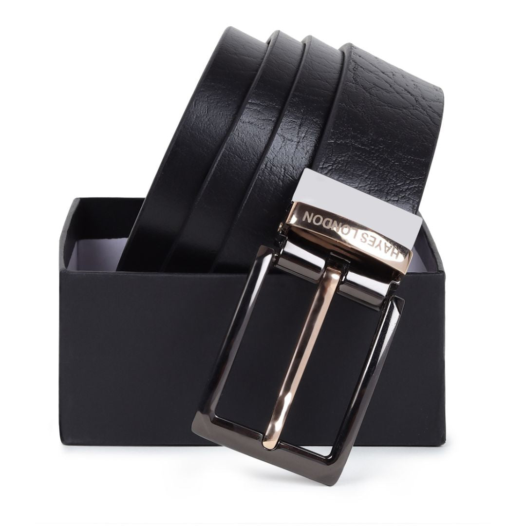 Hayes London | Leather Reversible Black & Brown Belt For Men (Leather Texture: Wild & Buckle Color: Black & Gold)