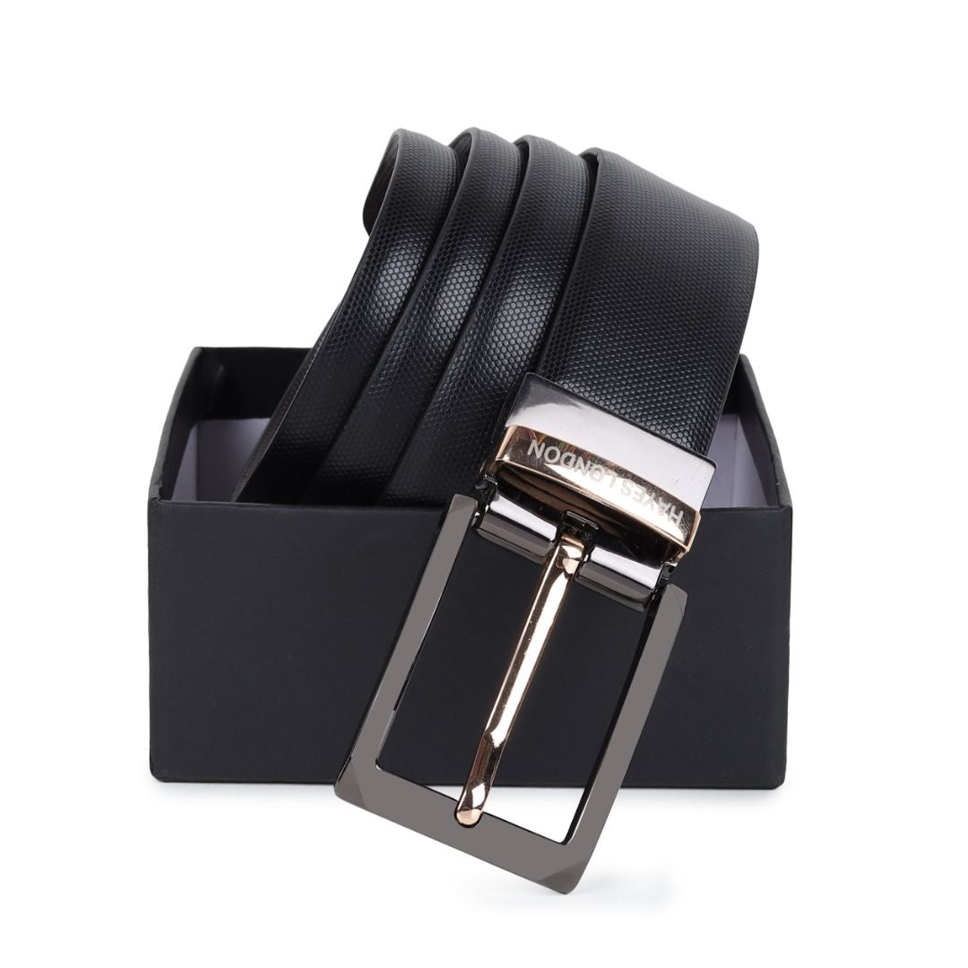 Hayes London | Italian Leather Reversible Black & Brown Belt For Men (Leather Texture: Braided & Buckle Color: Black & Gold))