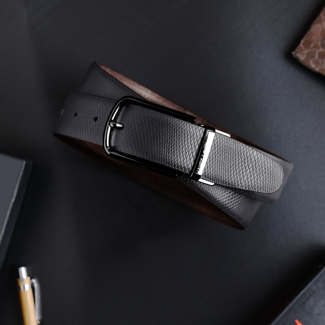 Hayes London | Reversible Black & Brown Italian Leather Men's Belt (Leather Texture: Viper & Buckle Color: Grey)