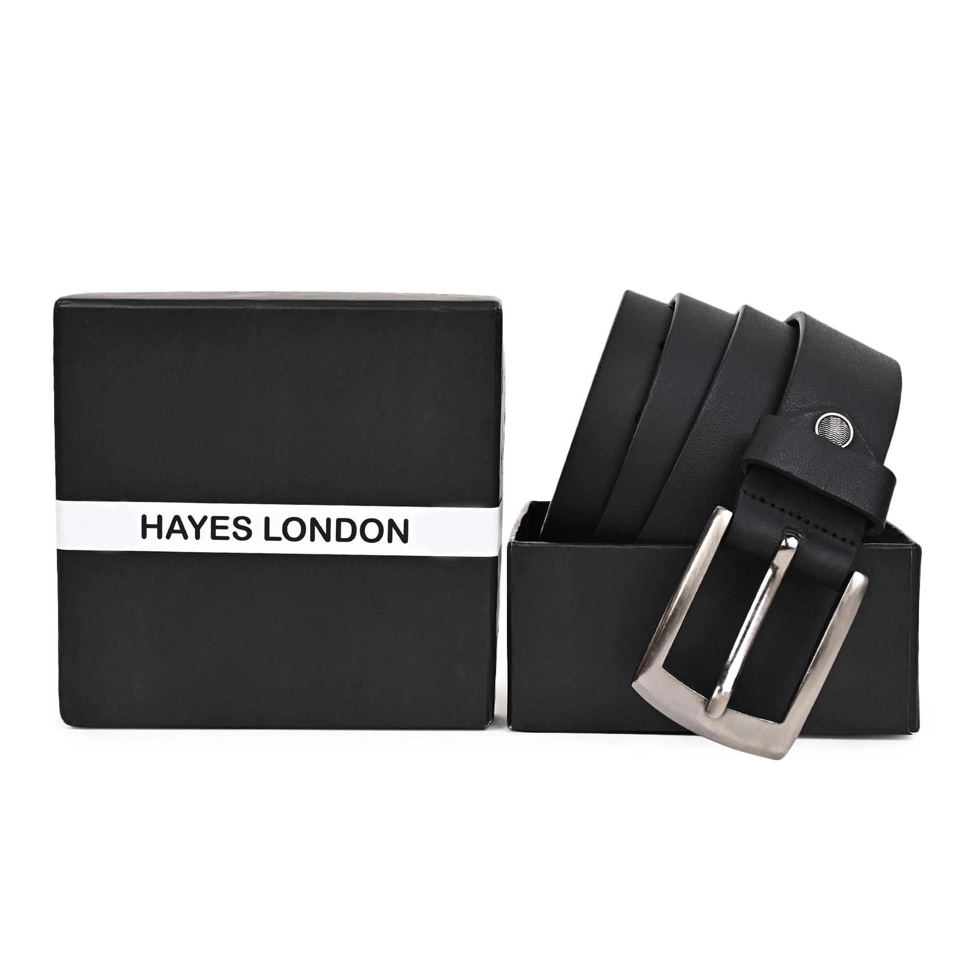 Hayes London | Black Genuine Leather Men's Belt (Leather Texture: Plain & Buckle Color: Silver)