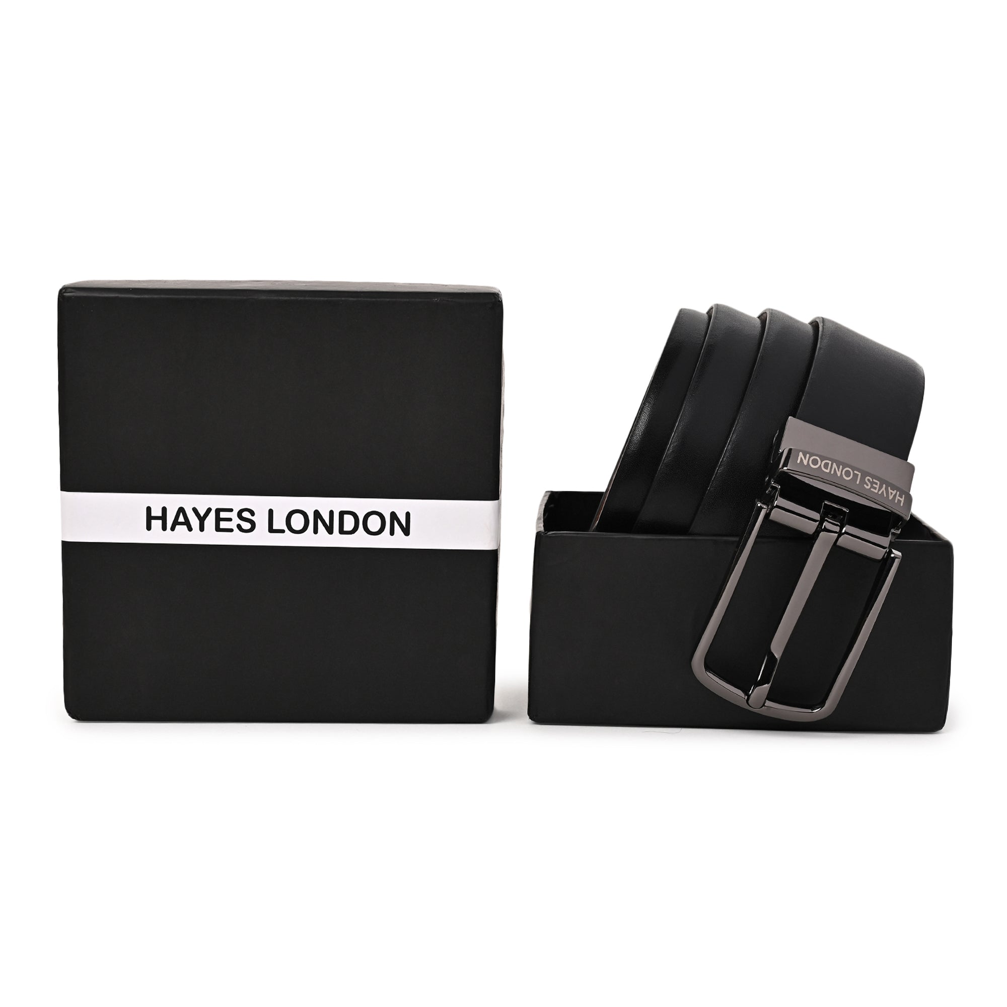 Hayes London | Italian Leather Belts for Men - Reversible Black & Brown with Grey Buckle, Plain Leather Texture