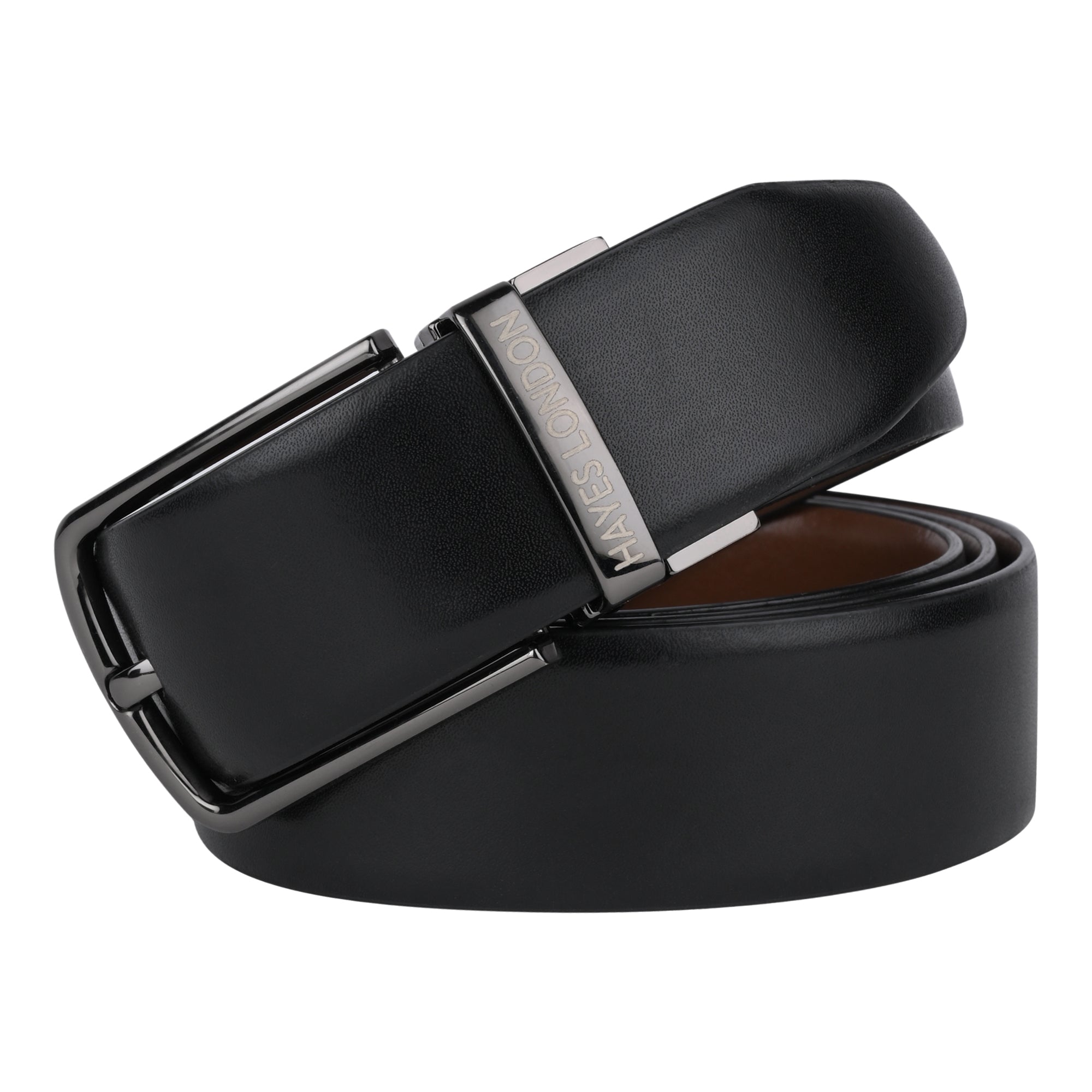 Hayes London | Italian Leather Belts for Men - Reversible Black & Brown with Grey Buckle, Plain Leather Texture